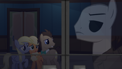 Size: 1920x1080 | Tagged: artist needed, safe, applejack, derpy hooves, doctor whooves, earth pony, pony, dark, halloween (movie), michael myers
