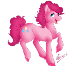 Size: 1100x1000 | Tagged: safe, artist:socialbutter, pinkie pie, earth pony, pony, female, looking at you, mare, open mouth, pink coat, pink mane, pink tail, raised hoof, signature, simple background, smiling, solo, transparent background, unshorn fetlocks