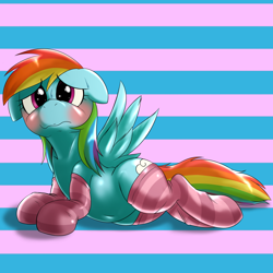 Size: 1000x1000 | Tagged: safe, artist:ushiro no kukan, derpibooru import, rainbow dash, pegasus, pony, blushing, clothes, floppy ears, socks, solo, striped socks