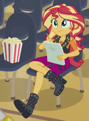 Size: 379x516 | Tagged: safe, screencap, sunset shimmer, equestria girls, equestria girls series, stressed in show, cropped, crossed legs, food, geode of empathy, popcorn
