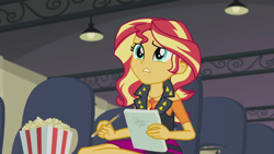 Size: 1280x720 | Tagged: safe, screencap, sunset shimmer, better together, equestria girls, stressed in show, food, geode of empathy, pencil, popcorn, solo