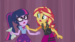 Size: 1280x720 | Tagged: safe, screencap, sci-twi, sunset shimmer, twilight sparkle, better together, equestria girls, stressed in show, geode of empathy, geode of telekinesis