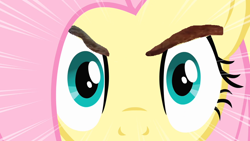 Size: 1280x720 | Tagged: safe, edit, edited screencap, screencap, fluttershy, pegasus, pony, capaldeyes, eyebrows, peter capaldi's menacing eyes, stare