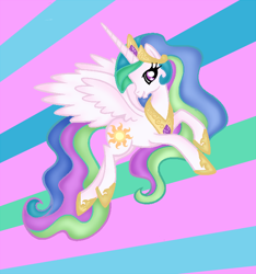 Size: 660x704 | Tagged: safe, artist:magdalenafiresparkle, princess celestia, alicorn, pony, crown, female, horn, mare, multicolored mane, multicolored tail, solo, white coat, white wings, wings