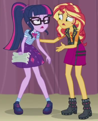 Size: 394x487 | Tagged: safe, screencap, sci-twi, sunset shimmer, twilight sparkle, better together, equestria girls, stressed in show, cropped, female, geode of empathy, geode of telekinesis