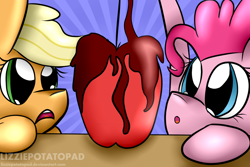 Size: 1024x682 | Tagged: safe, artist:lizziepotatopad, applejack, pinkie pie, earth pony, pony, caramel apple (food), duo, female, mare