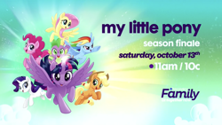 Size: 1334x750 | Tagged: safe, derpibooru import, screencap, applejack, fluttershy, pinkie pie, rainbow dash, rarity, spike, twilight sparkle, twilight sparkle (alicorn), alicorn, dragon, earth pony, pegasus, pony, unicorn, my little pony: the movie, school raze, discovery family, discovery family logo, mane seven, mane six, promo, winged spike