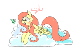 Size: 1152x768 | Tagged: safe, artist:thewafflesuniverse, fluttershy, butterfly, pegasus, pony, cloud, solo