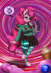 Size: 4960x7015 | Tagged: safe, artist:theonedzaan, pinkie pie, anthro, unguligrade anthro, absurd resolution, candy, clothes, crossover, lollipop, socks, solo, striped socks, vanellope von schweetz, wreck-it ralph