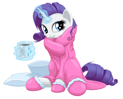 Size: 3200x2580 | Tagged: safe, artist:ohemo, rarity, pony, unicorn, :3, clothes, coffee, cup, female, food, magic, mare, nightgown, pillow, simple background, slippers, solo, telekinesis, transparent background