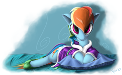 Size: 1637x1000 | Tagged: safe, artist:the1xeno1, derpibooru import, rainbow dash, pegasus, pony, tanks for the memories, backwards cutie mark, clothes, crying, looking at you, pillow, slippers, solo, tank slippers