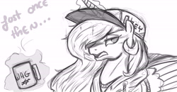 Size: 5511x2893 | Tagged: safe, artist:nxyde, princess celestia, alicorn, pony, baseball cap, clothes, cup, dialogue, hat, hoodie, magic, monochrome, open mouth, solo, steam, sweater, telekinesis