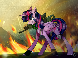 Size: 1024x768 | Tagged: safe, artist:hazelmutt, derpibooru import, twilight sparkle, twilight sparkle (alicorn), alicorn, pony, bandana, epic, female, fire, gun, knee brace, mare, rifle, solo