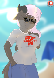 Size: 1350x1920 | Tagged: safe, artist:fleet-wing, oc, oc:nesserris, anthro, shark, barely pony related, beach, breasts, female, hand in pocket, hand on bust, hand on chest, horns, lens flare, looking at you, solo, sunglasses