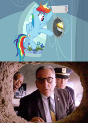 Size: 968x1362 | Tagged: safe, derpibooru import, edit, edited screencap, screencap, rainbow dash, pegasus, pony, secrets and pies, bed mane, byron hadley, comic, ellis boyd redding, food, hole in the wall, messy mane, pie, poster, samuel norton, screencap comic, the shawshank redemption