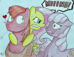 Size: 1134x877 | Tagged: safe, artist:noretreat--nosurrender, big macintosh, cheerilee, fluttershy, earth pony, pegasus, pony, assertive, cheerimac, eye contact, floppy ears, fluttermac, frown, glare, gritted teeth, heart, hug, love triangle, male, question mark, shipping, stallion, straight, sweatdrop, wide eyes