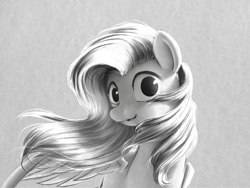 Size: 1024x768 | Tagged: safe, artist:chryseum, fluttershy, pegasus, pony, female, grayscale, mare, monochrome, solo, windswept mane