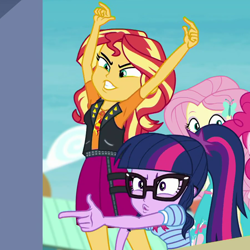 Size: 904x904 | Tagged: safe, screencap, fluttershy, pinkie pie, sci-twi, sunset shimmer, twilight sparkle, better together, equestria girls, rollercoaster of friendship, cropped, faic, finger gun, offscreen character