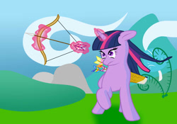 Size: 2000x1400 | Tagged: safe, artist:dashermkii, derpibooru import, twilight sparkle, archer, archery, arrow, bow (weapon), bow and arrow, magic, solo, weapon