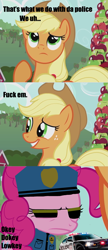 Size: 951x2200 | Tagged: safe, edit, screencap, applejack, pinkie pie, earth pony, pony, party of one, fuck the police, image macro, meme, okie doki loki, police, police car, vulgar