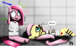 Size: 4870x3078 | Tagged: safe, artist:facelesssoles, fluttershy, pinkie pie, earth pony, pegasus, pony, .mov, alternate cutie mark, asylum, fluttershed, gag, insanity, muffled moaning, muzzle, pinkamena diane pie, shed.mov, straitjacket, tape gag