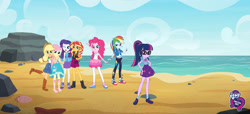 Size: 3840x1756 | Tagged: safe, artist:spike fancy, derpibooru import, applejack, fluttershy, pinkie pie, rainbow dash, rarity, sci-twi, sunset shimmer, twilight sparkle, better together, equestria girls, beach, converse, equestria girls logo, fashion photo booth, geode of empathy, geode of fauna, geode of shielding, geode of super speed, geode of super strength, geode of telekinesis, humane five, humane six, magical geodes, ponytail, shoes, smiling