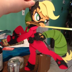 Size: 640x640 | Tagged: safe, artist:the-paper-pony, applejack, mistress marevelous, pony, power ponies (episode), bipedal, hand, irl, mouth hold, paper child, photo, power ponies, weapon