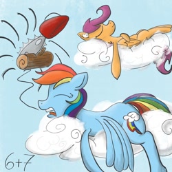 Size: 1000x1000 | Tagged: safe, artist:sixes&sevens, derpibooru import, rainbow dash, scootaloo, pegasus, pony, chainsaw, cloud, inktober, inktober 2018, on a cloud, scootalove, sleeping, smiling, snoring