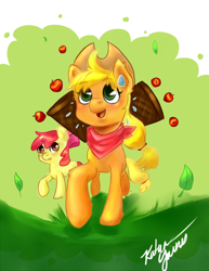 Size: 612x792 | Tagged: safe, artist:katurkeyg, apple bloom, applejack, earth pony, pony, blonde hair, female, filly, mare, orange coat, red mane, sisters