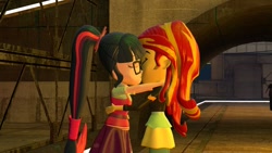 Size: 1024x576 | Tagged: safe, artist:lanceolleyfrie, sci-twi, sunset shimmer, twilight sparkle, series:lovers in arms, equestria girls, 3d, clothes, eyes closed, female, glasses, gmod, jacket, kissing, leather jacket, lesbian, ponytail, scitwishimmer, shipping, skirt, sunsetsparkle