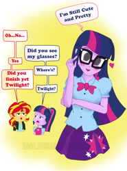 Size: 800x1080 | Tagged: safe, artist:masbro42, sci-twi, sunset shimmer, twilight sparkle, equestria girls, adorkable, blushing, bowtie, broken english, clothes, cute, dialogue, dork, glasses, heart, human paradox, jacket, leather jacket, pleated skirt, ponytail, self paradox, skirt, twiabetes, twolight