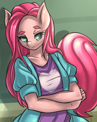 Size: 800x1000 | Tagged: safe, artist:m@k, pinkie pie, anthro, clothes, crossed arms, female, frown, pinkamena diane pie, pixiv, solo