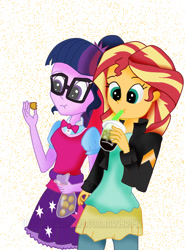 Size: 800x1080 | Tagged: safe, artist:masbro42, sci-twi, sunset shimmer, twilight sparkle, equestria girls, belt, bowtie, clothes, drinking, eating, glasses, ice cendol, indonesia, jacket, leather jacket, ponytail, round tofu, skirt