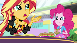 Size: 1280x720 | Tagged: safe, screencap, pinkie pie, sunset shimmer, equestria girls, mirror magic, spoiler:eqg specials, burger, canterlot mall, female, food, geode of empathy, geode of sugar bombs, hamburger, plant