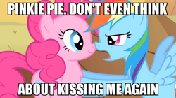 Size: 891x500 | Tagged: safe, derpibooru import, screencap, pinkie pie, rainbow dash, earth pony, pegasus, pony, female, image macro, imminent kissing, lesbian, meme, pinkiedash, shipping