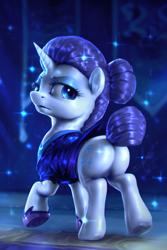 Size: 800x1200 | Tagged: safe, artist:assasinmonkey, rarity, pony, unicorn, the cutie re-mark, alternate hairstyle, alternate timeline, clothes, female, frown, lidded eyes, looking back, mare, night maid rarity, night maid rearity, nightmare takeover timeline, plot, raised hoof, raised leg, rearity, serious, shiny, short tail, solo, sparkles, underhoof