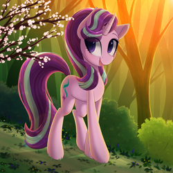 Size: 2500x2500 | Tagged: safe, artist:imbirgiana, starlight glimmer, pony, unicorn, cherry blossoms, cute, eye clipping through hair, female, flower, flower blossom, glimmerbetes, mare, open mouth, solo, tree