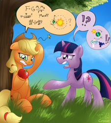 Size: 1447x1600 | Tagged: safe, artist:conicer, artist:elyonblade, applejack, princess celestia, princess luna, twilight sparkle, unicorn twilight, alicorn, earth pony, pony, unicorn, collaboration, apple, argument, confused, differential equation, duo, earth, fancy mathematics, female, floppy ears, formula, frown, geocentric theory, grass, gravity, gritted teeth, heliocentric theory, heresy, isaac newton, law of gravity, mare, math, moon, open mouth, pain, parody, physics, pictogram, science, sir isaac newton, sitting, speech bubble, sun, tree, under the tree