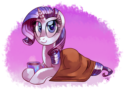 Size: 2000x1578 | Tagged: safe, artist:lightof-dawn, rarity, pony, unicorn, blanket, coffee, food, mug, prone, solo, style emulation, whitediamonds-ish