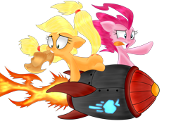 Size: 2800x2000 | Tagged: safe, artist:dfectivedvice, artist:dragonfoorm, applejack, pinkie pie, earth pony, pony, colored, rocket, simple background, transparent background