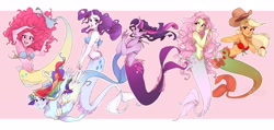 Size: 4096x1957 | Tagged: safe, artist:skirtzzz, derpibooru import, applejack, fluttershy, pinkie pie, rainbow dash, rarity, twilight sparkle, mermaid, armpits, cowboy hat, female, hat, mane six, mermaidized, nail polish, simple background, smiling, species swap, stetson