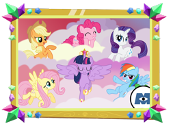 Size: 1280x940 | Tagged: safe, derpibooru import, applejack, fluttershy, pinkie pie, rainbow dash, rarity, spike, twilight sparkle, twilight sparkle (alicorn), alicorn, dragon, earth pony, pegasus, pony, unicorn, castle sweet castle, female, mane seven, mane six, mare, monsters inc.