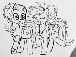 Size: 1280x955 | Tagged: safe, artist:chautung, rainbow dash, starlight glimmer, pegasus, pony, unicorn, alternate hairstyle, cap, clothes, eyes closed, hat, jewelry, monochrome, necklace, open mouth, saddle bag, traditional art, trotting