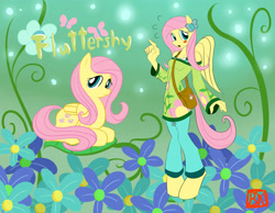 Size: 4500x3500 | Tagged: safe, artist:lordvader914, fluttershy, anthro, unguligrade anthro, anthro ponidox, blushing, flower, purse, solo