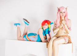 Size: 2027x1480 | Tagged: safe, artist:aris_cosplay, artist:raspbearyart, artist:sodo_chan, derpibooru import, fluttershy, rainbow dash, human, clothes, converse, cosplay, costume, female, flutterdash, irl, irl human, lesbian, photo, shipping, shoes