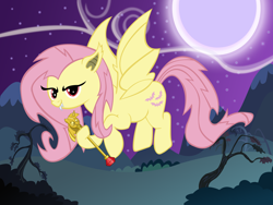 Size: 3264x2448 | Tagged: safe, artist:invictusnoctis, fluttershy, flutterbat, moon, solo, twilight scepter