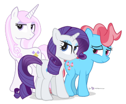 Size: 1020x840 | Tagged: safe, artist:dm29, cup cake, fleur-de-lis, rarity, pony, unicorn, commission, looking back, missing accessory, plot, simple background, transparent background, trio