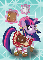 Size: 1024x1448 | Tagged: safe, artist:bonniepink, derpibooru import, twilight sparkle, bag, book, clothes, dress, magic, school uniform, shoes, socks, solo