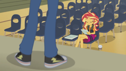 Size: 1280x720 | Tagged: safe, screencap, flash sentry, sunset shimmer, better together, equestria girls, rarity investigates: the case of the bedazzled boot, clothes, coffee, converse, crossed legs, eyes closed, female, geode of empathy, jacket, male, pants, shoes, skirt, smiling, sneakers