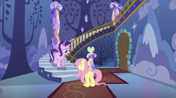 Size: 2100x1177 | Tagged: safe, screencap, fluttershy, starlight glimmer, pegasus, pony, unicorn, every little thing she does, door, duo, female, mare, railing, stairs, twilight's castle